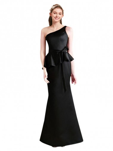 Long One Shoulder Satin Bridesmaid Dress with Bow Ties for Sale
