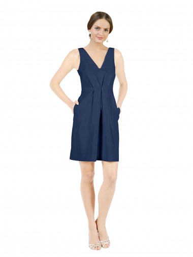 Deep V-Neck Short Knee Length Satin Cocktail Bridesmaid Dress with Slimming Pleats for Sale