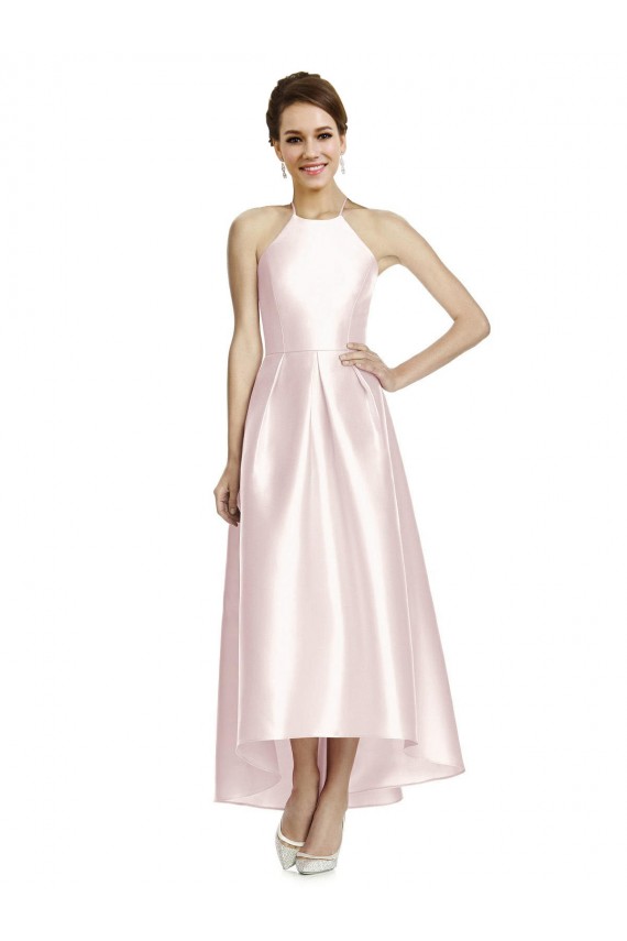 Long High-Low Halter Satin Bridesmaid Dress with Criss-Cross Back for Sale