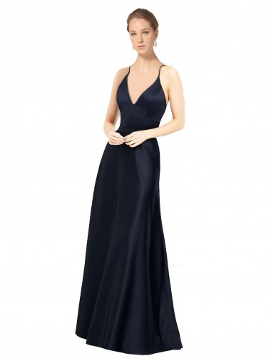 Sexy Satin Bridesmaids Dress with Deep V-Neckline and Strappy Back for Sale