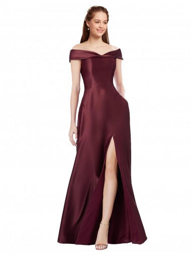 Long Off the Shoulder Formal Satin Bridesmaid Dress / Prom Dress with Thigh-high Slit for Sale