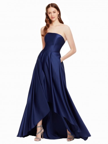 High Low Strapless Formal Satin Bridesmaid Dress / Prom Dress with Pockets for Sale