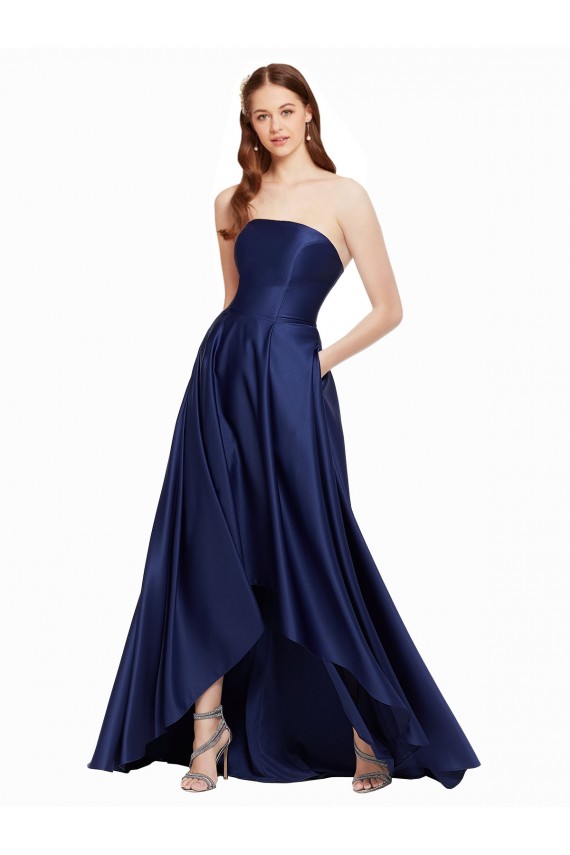 High Low Strapless Formal Satin Bridesmaid Dress / Prom Dress with Pockets for Sale