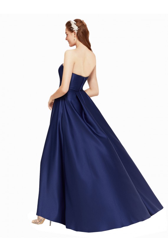 High Low Strapless Formal Satin Bridesmaid Dress / Prom Dress with Pockets for Sale