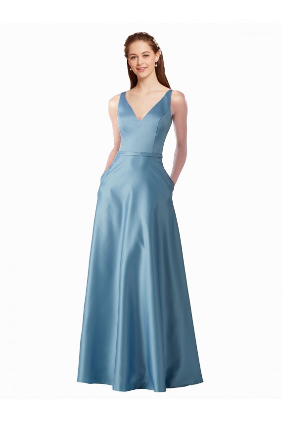 Classic Satin V-Neck A-Line Bridesmaids Dress with Pockets for Sale