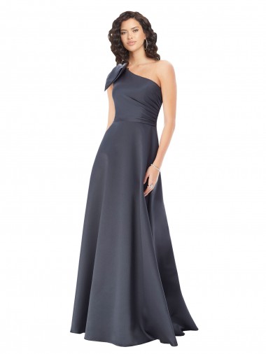 Rouched One Shoulder Floor Length Formal Satin Bridesmaid Dress / Prom Dress with Bow for Sale