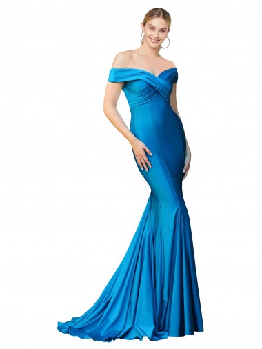Off the Shoulder Long Chapel Train Formal Satin Bridesmaid Dress / Prom Dress for Sale