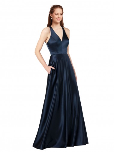 Long Formal Satin Bridesmaid Gown with Halter Neckline for Sale