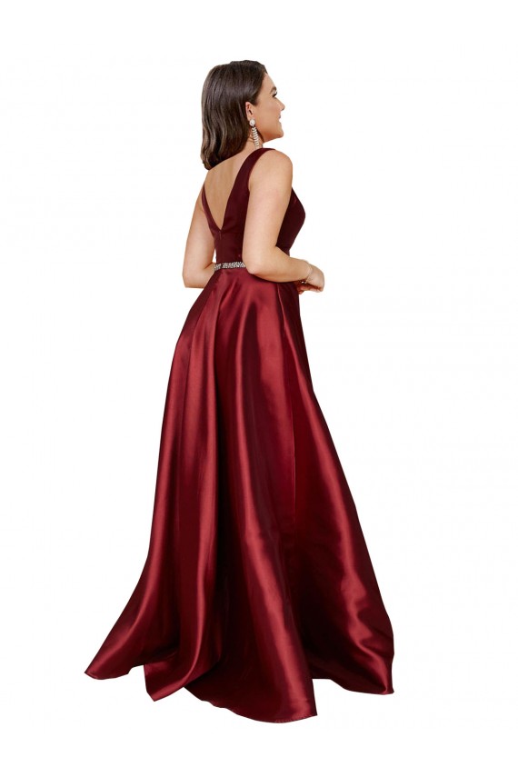 Sleeveless Deep V-Neck A-Line Formal Satin Bridesmaid Dress / Prom Dress with Pockets for Sale