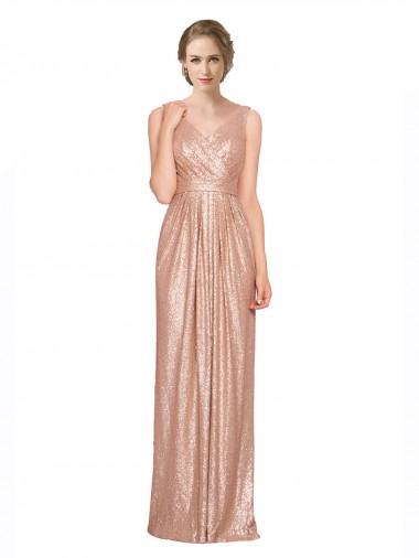 Draped V-Neck Striking Sheath Floor Length Formal Sequin Bridesmaid Dress / Prom Dress for Sale