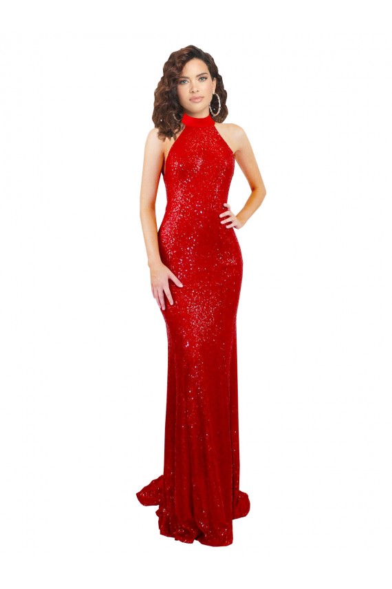 Halter High Neck Mermaid Open Back Formal Sequin Bridesmaid Dress / Prom Dress for Sale