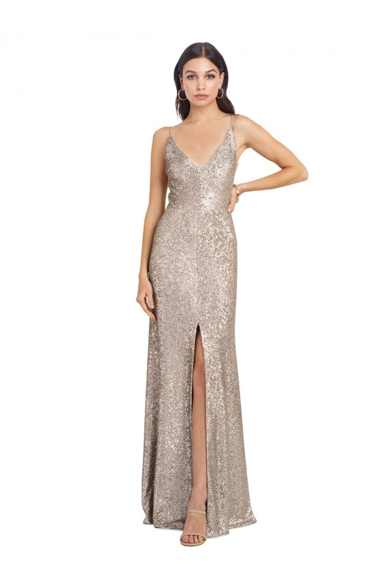 V-Neck Fully Sequin Formal Bridesmaid Dress / Prom Dress with V-Back and Front Slit for Sale
