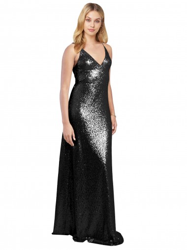 Full Length A-Line Formal Sequin Bridesmaid Dress / Prom Dress with Spaghetti Straps V-Neckline for Sale