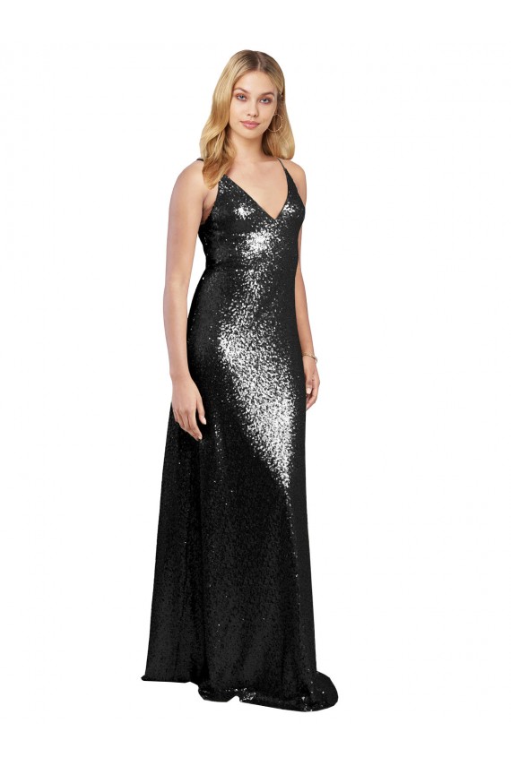 Full Length A-Line Formal Sequin Bridesmaid Dress / Prom Dress with Spaghetti Straps V-Neckline for Sale
