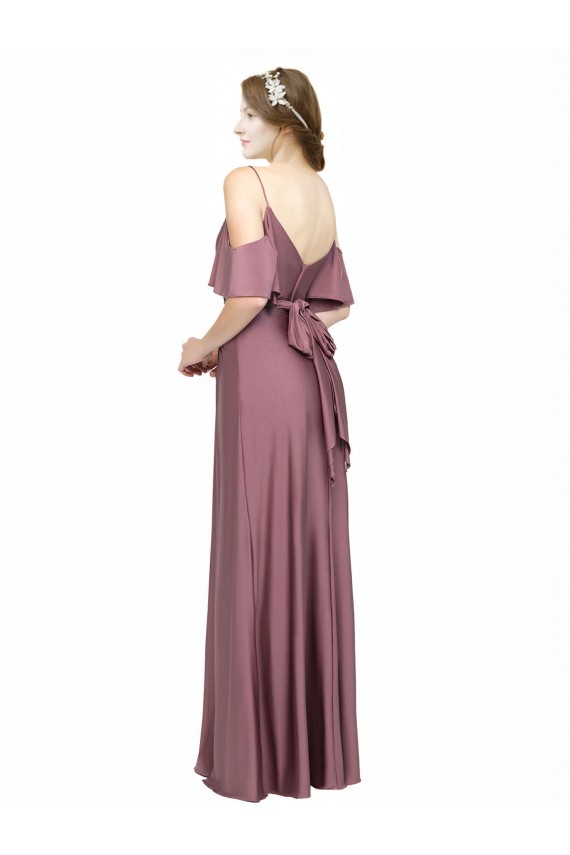Draped Cold Shoulder Sleeves Long Formal Silky Satin Bridesmaid Dress / Prom Dress with Slit and Tie Back for Sale