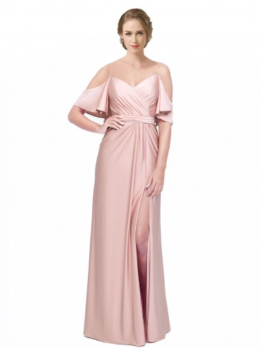 Draped Cold Shoulder Sleeves Long Formal Silky Satin Bridesmaid Dress / Prom Dress with Slit and Tie Back for Sale