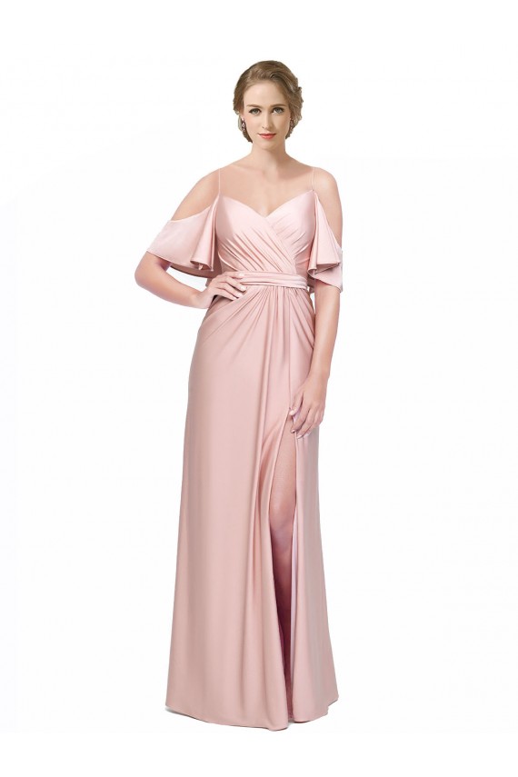 Draped Cold Shoulder Sleeves Long Formal Silky Satin Bridesmaid Dress / Prom Dress with Slit and Tie Back for Sale