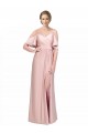 Draped Cold Shoulder Sleeves Long Formal Silky Satin Bridesmaid Dress / Prom Dress with Slit and Tie Back for Sale