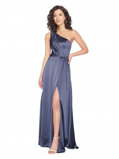 Draped Formal Silky Satin Bridesmaid Dress / Prom Dress with Tied Waist for Sale