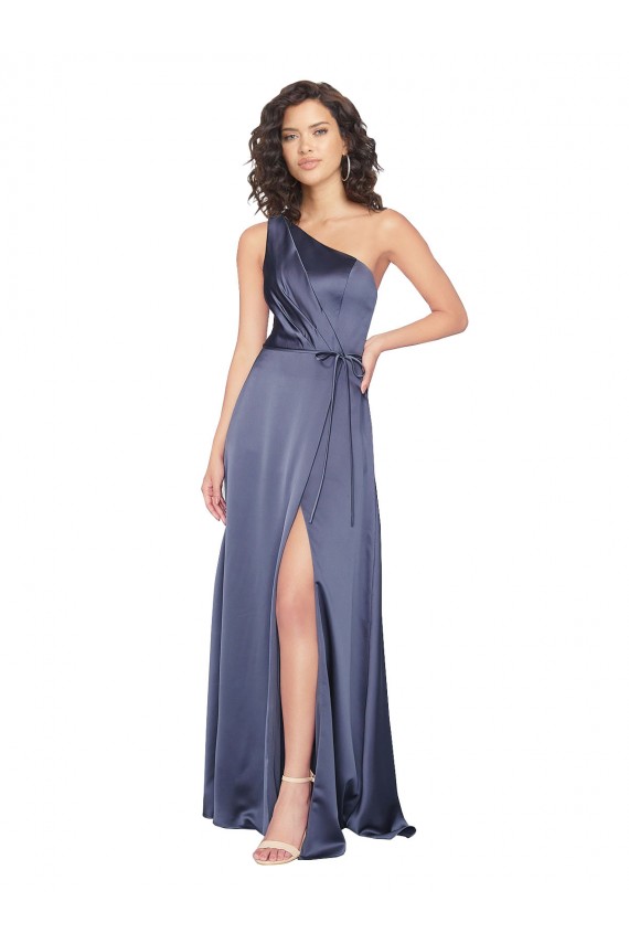 Draped Formal Silky Satin Bridesmaid Dress / Prom Dress with Tied Waist for Sale