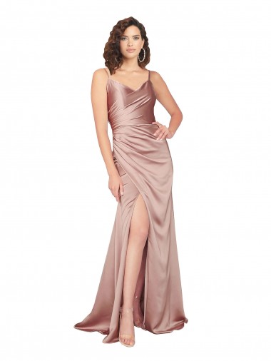 Floor Length Formal Silky Satin Bridesmaid Dress / Prom Dress with Front Skirt Slit for Sale