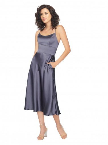 Midi Cocktail Length Silky Satin Bridesmaid Dress / Prom Dress with Open Tied Back & Pockets for Sale