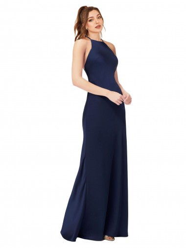 High Neck Satin Bridesmaid Dress / Prom Dress with Strappy Back for Sale