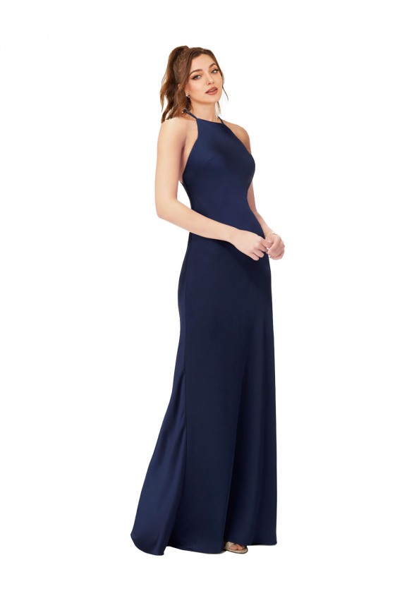 High Neck Satin Bridesmaid Dress / Prom Dress with Strappy Back for Sale