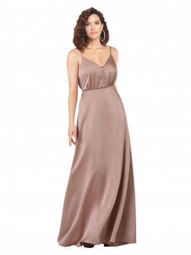 Subtle V-Neckline Formal Silky Satin Bridesmaid Dress with Front Button Detail for Sale