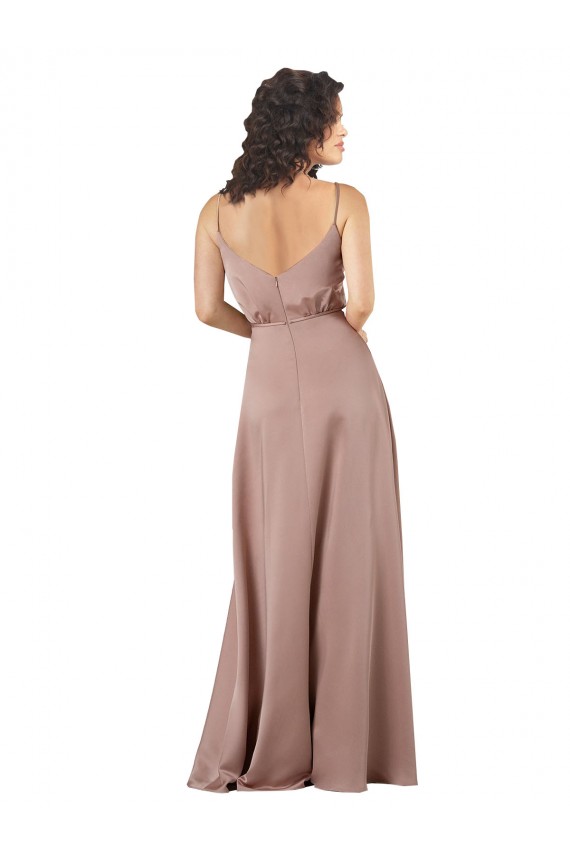 Subtle V-Neckline Formal Silky Satin Bridesmaid Dress with Front Button Detail for Sale