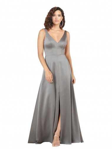 Plunging V-Neckline Long A-Line Formal Silky Satin Bridesmaid Dress / Prom Dress for Sale