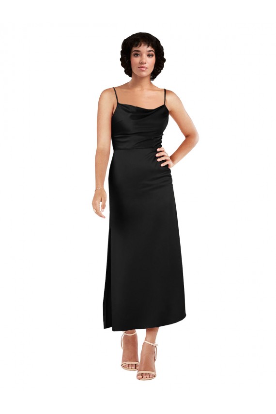 Cowl Neck Formal Tea-Length Short Silky Satin Bridesmaid Dress / Cocktail Prom Dress with Skirt Slit for Sale