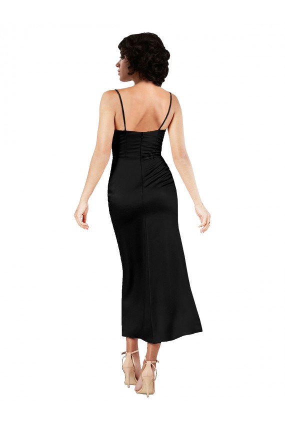 Cowl Neck Formal Tea-Length Short Silky Satin Bridesmaid Dress / Cocktail Prom Dress with Skirt Slit for Sale