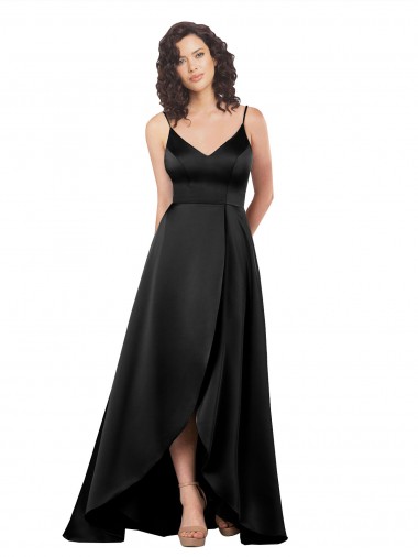 High Low V-Neckline Formal Silky Satin Tulip Bridesmaid Dress / Prom Dress with Wrap Skirt for Sale