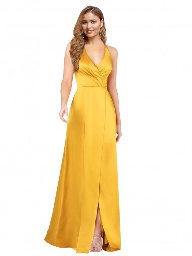 Halter A-Line Formal Silky Satin Bridesmaid Dress / Prom Dress with V-Neckline and Slit for Sale