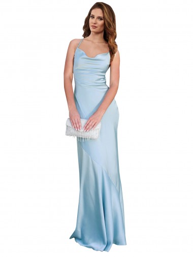 Open Back with Ties Cowl Neck Sheath Formal Silky Satin Long Bridessmaid Dress for Sale