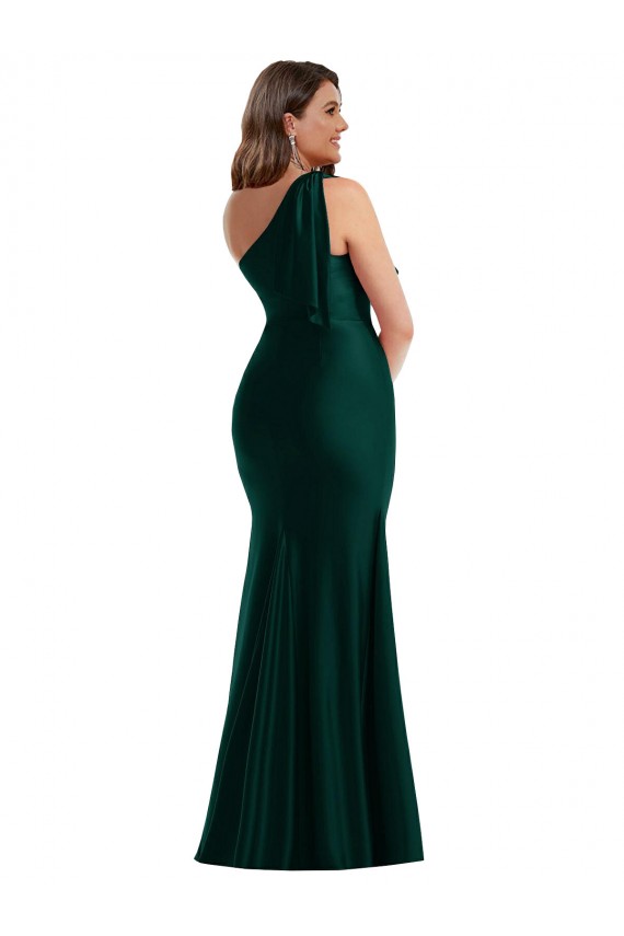 Cascading Bow One Shoulder Formal Silky Satin Mermaid Bridesmaid Dress / Prom Dress with Front Slit for Sale