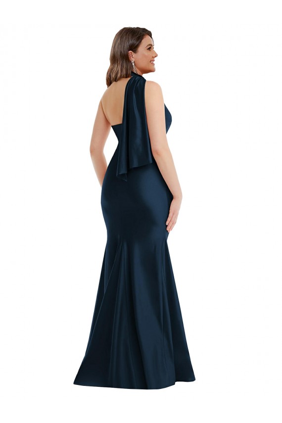 Scarf Neck One Shoulder Formal Silky Satin Mermaid Bridesmaid Dress / Prom Dress with Front Slit for Sale