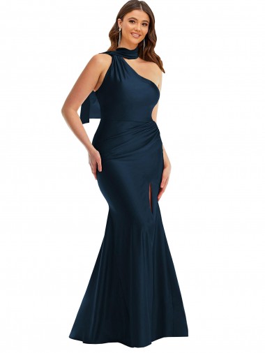 Scarf Neck One Shoulder Formal Silky Satin Mermaid Bridesmaid Dress / Prom Dress with Front Slit for Sale