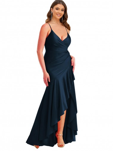 Pleated Wrap Ruffled High Low Formal Silky Satin Bridesmaid Dress / Prom Dress for Sale
