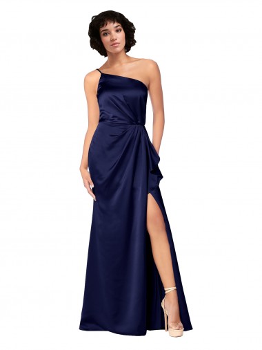 One Shoulder Formal Silky Satin Bridesmaid Dress / Prom Dress with Skirt Slit for Sale