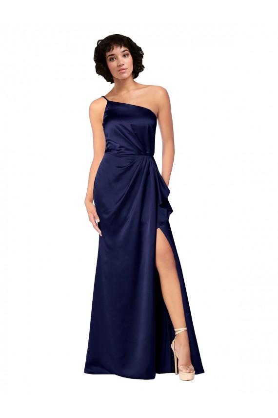One Shoulder Formal Silky Satin Bridesmaid Dress / Prom Dress with Skirt Slit for Sale
