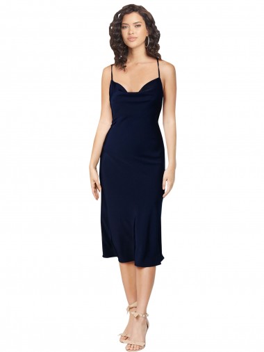Short Cocktail Midi Length Formal Silky Satin Bridesmaid Dress / Prom Dress with Cowl Neck and Cross Back Straps for Sale
