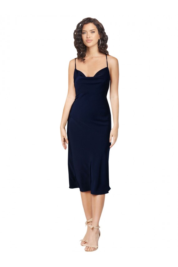 Short Cocktail Midi Length Formal Silky Satin Bridesmaid Dress / Prom Dress with Cowl Neck and Cross Back Straps for Sale