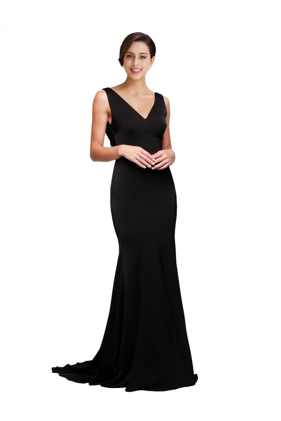 V-Neck Full Length Formal Silky Satin Bridesmaid Dress / Prom Dress with Soft Cowl Neck and Sweep Train for Sale