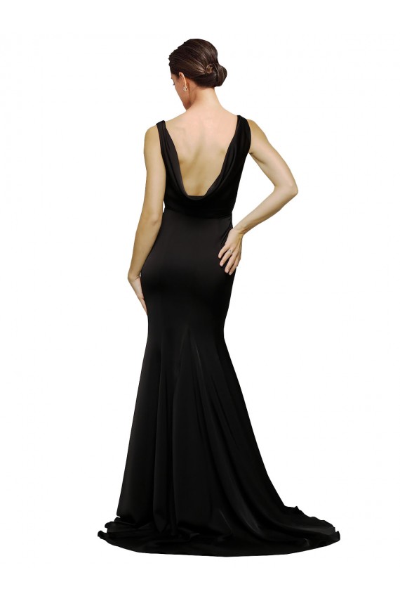 V-Neck Full Length Formal Silky Satin Bridesmaid Dress / Prom Dress with Soft Cowl Neck and Sweep Train for Sale