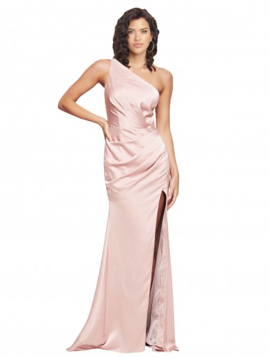 Full Length Ruched Formal Silky Satin Bridesmaid Dress / Prom Dress with Low Back and High Split for Sale
