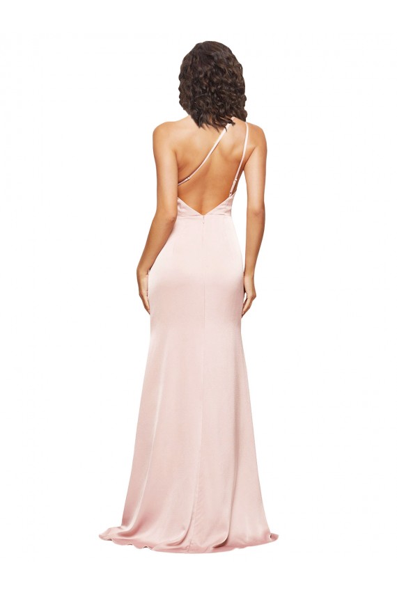 Full Length Ruched Formal Silky Satin Bridesmaid Dress / Prom Dress with Low Back and High Split for Sale
