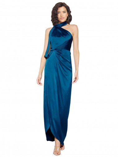 High Halter Neck Formal Silky Satin Bridesmaid Dress / Prom Dress with Sash Overlay and Side Split for Sale