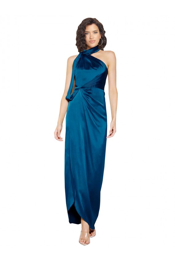 High Halter Neck Formal Silky Satin Bridesmaid Dress / Prom Dress with Sash Overlay and Side Split for Sale